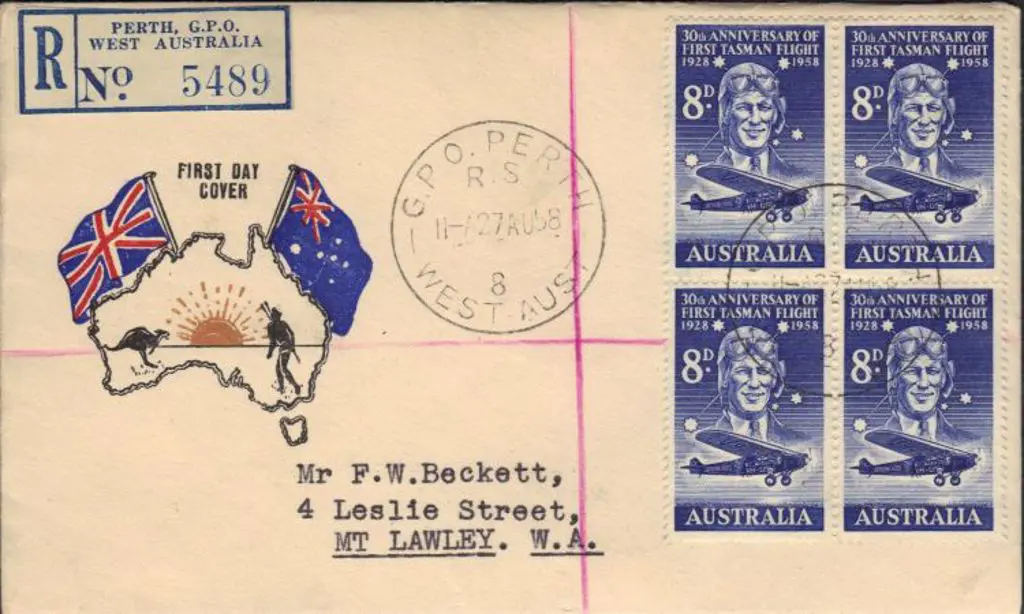 1958 (27th Aug) 8d Tasman & Kingsford Smith block ... Image 1++