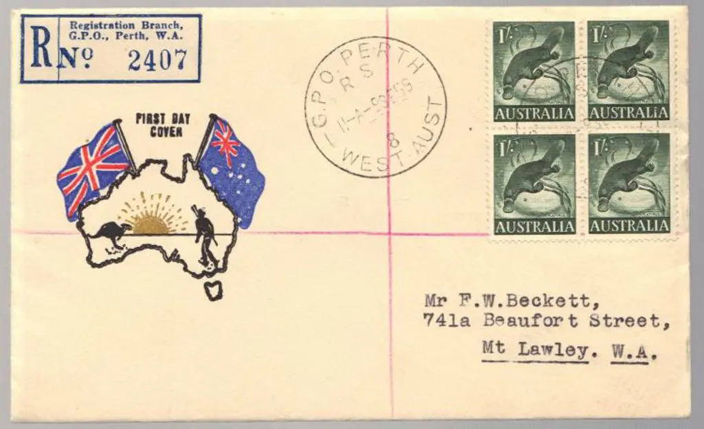 1959 (9th Sept) 1/- platypus block of 4 on Challis ... Image 1++