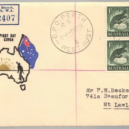 1959 (9th Sept) 1/- platypus block of 4 on Challis ...