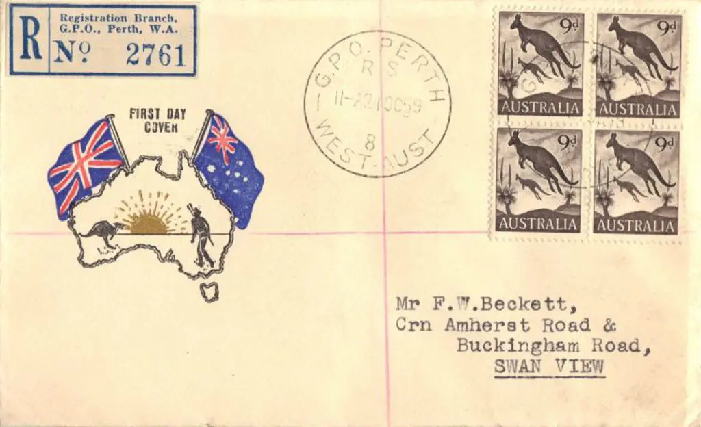 1959 (21st Oct) 9d kangaroo block of 4 on Challis ... Image 1++