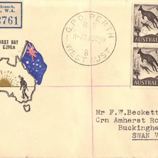 1959 (21st Oct) 9d kangaroo block of 4 on Challis ...