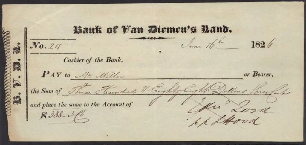 1826 "Bank of Van Diemen's Land" cheque drawn in ... Image 1++