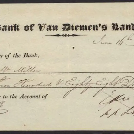 1826 "Bank of Van Diemen's Land" cheque drawn in ...