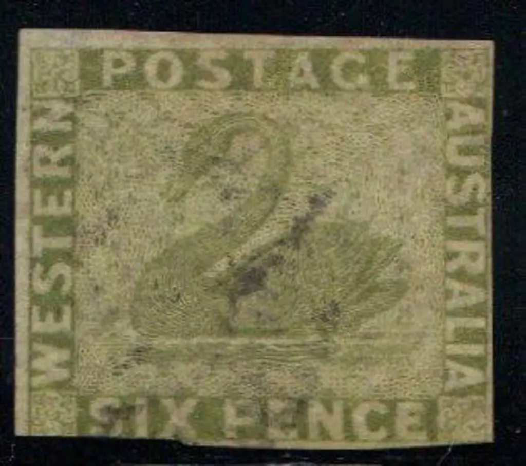 1860 6d sage-green swan with three clear to large ... Image 1++