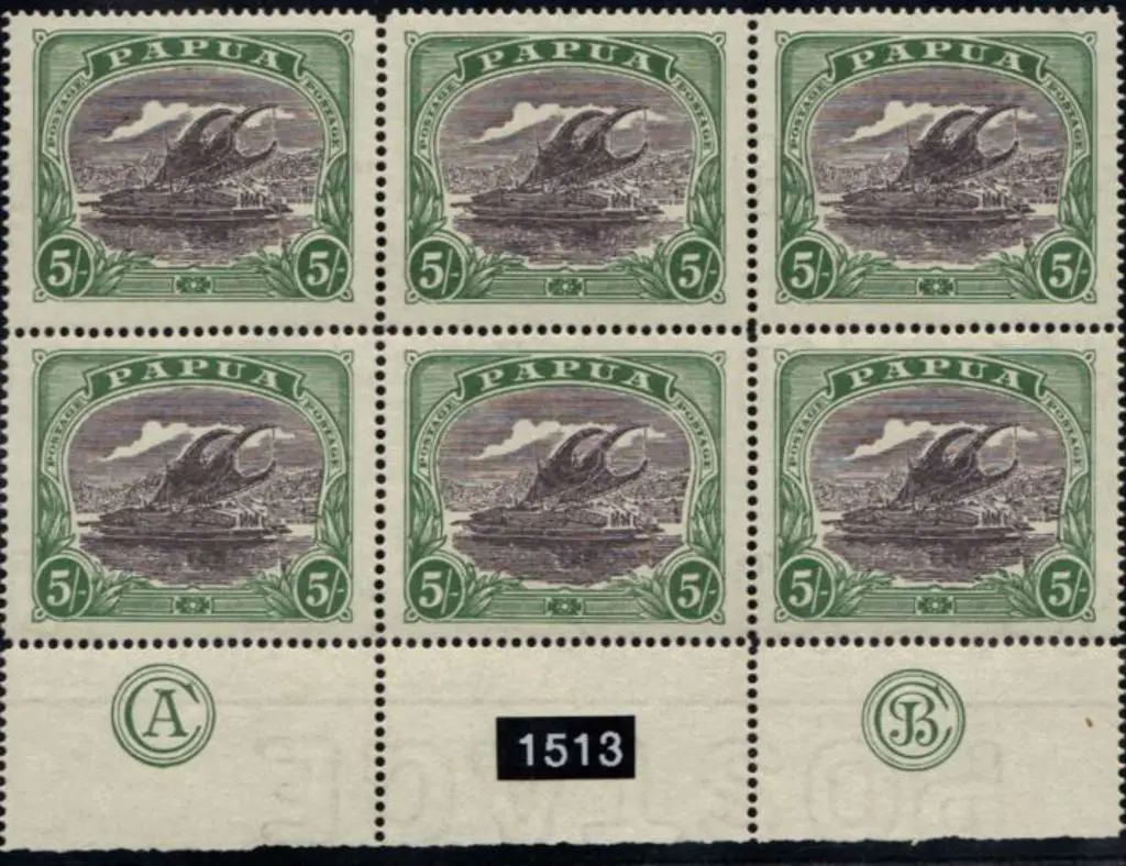 Papua 1916 5/- black & deep green CA & JBC ... Image 1++