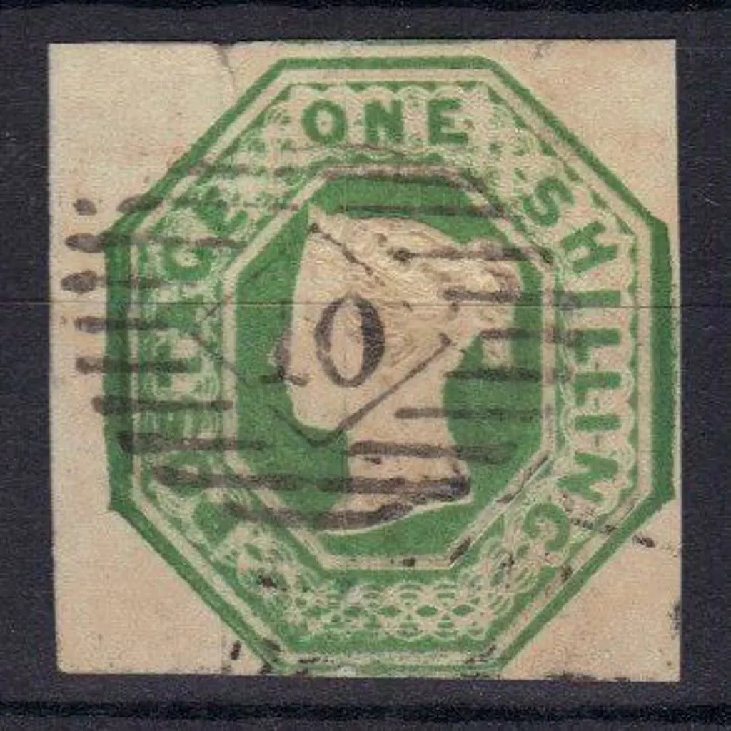 1847 1/- green embossed QV cut square with one ... Image 1++