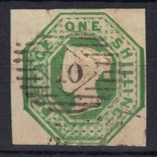 1847 1/- green embossed QV cut square with one ...