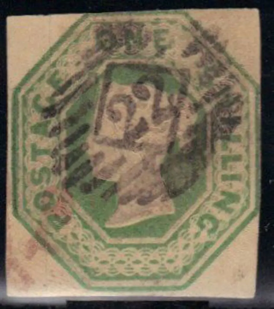 1847 1/- green embossed with 3 clear margins & ... Image 1++