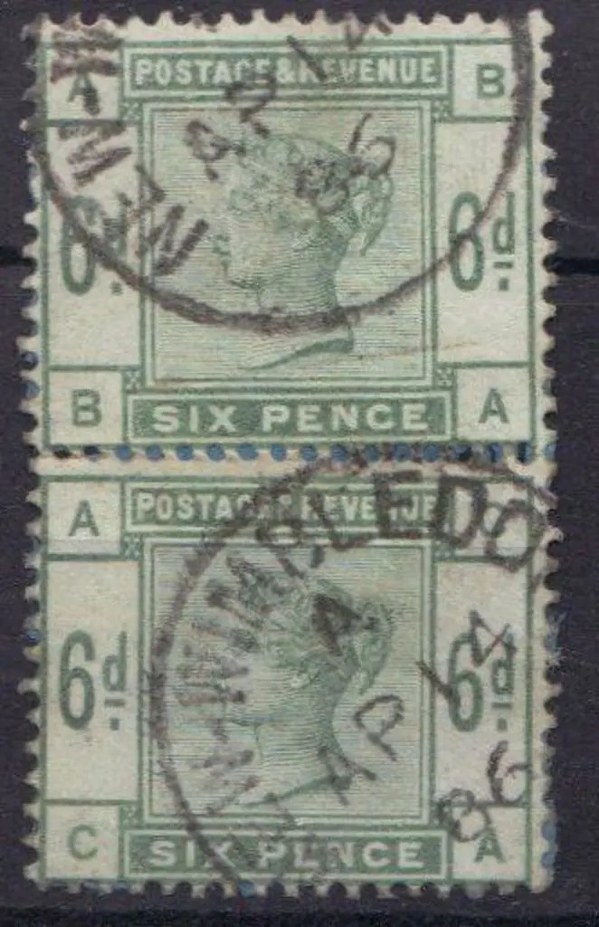 1883 6d dull green QV vertical pair fine used with ... Image 1++
