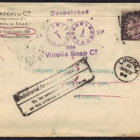 1894 (27th Sept) env with 1d lilac perfined ...