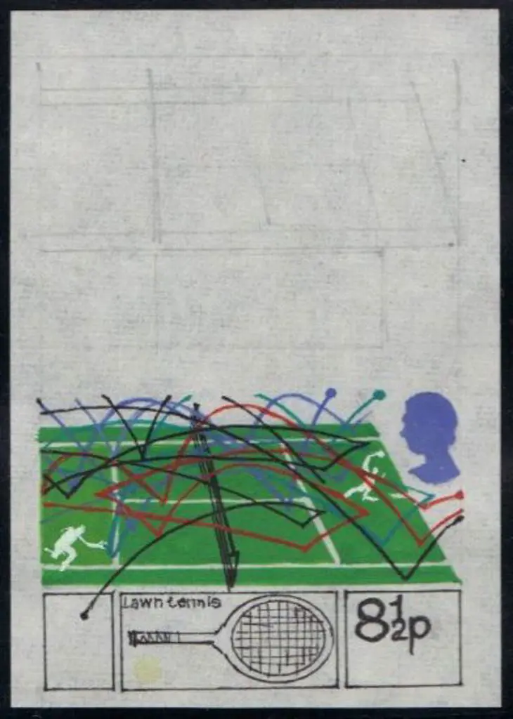 1977 8½dp Racket Sports Art Work by Andrew ... Image 1++