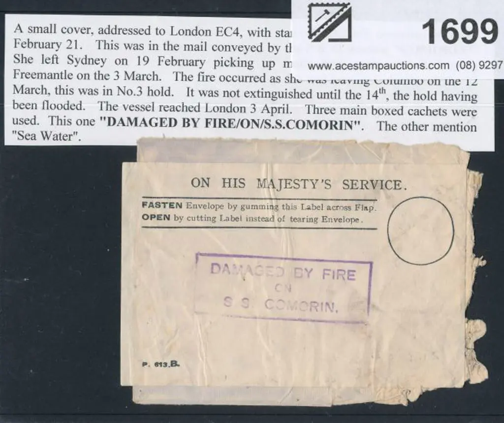 1930 SS Comorin Fire. Cover addressed to London ... Image 1++