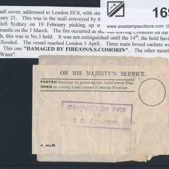 1930 SS Comorin Fire. Cover addressed to London ...