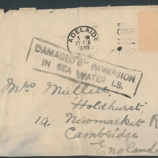 1930 SS Comorin Fire. This cover addressed to ...