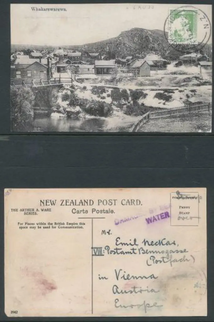 1930 SS Tahiti postcard of Whakarewarewa with ... Image 1++