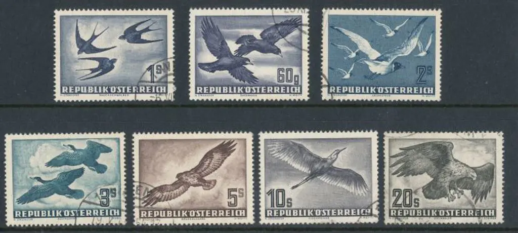 Austria 1950 Birds Airs 60g to 20s set of 7. F/U. ... Image 1++