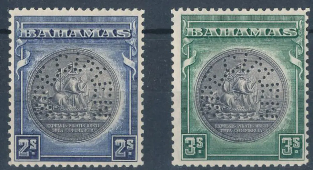 Bahamas 1931/46 2/- & 3/- perfined SPECIMEN. Both ... Image 1++