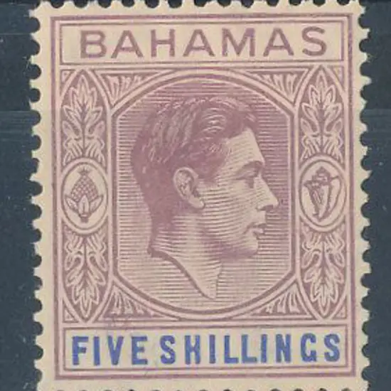 Bahamas 1938 5/- lilac & blue on thick paper. MLH ...