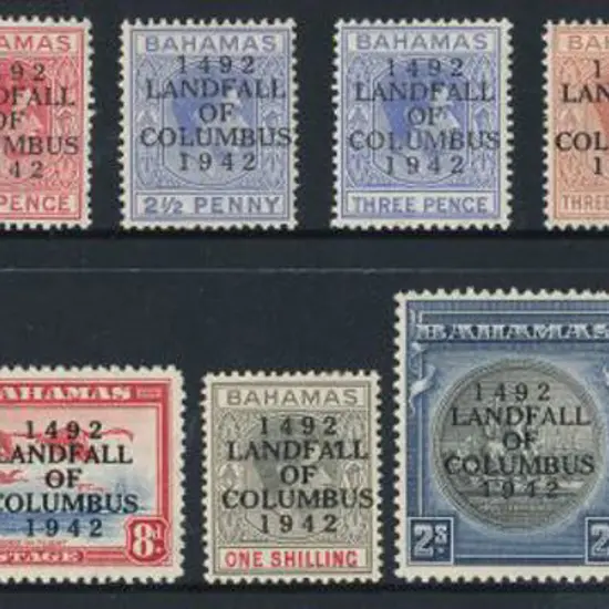 Bahamas 1942 Landfall of Columbus ovpt set to 5/-. ...
