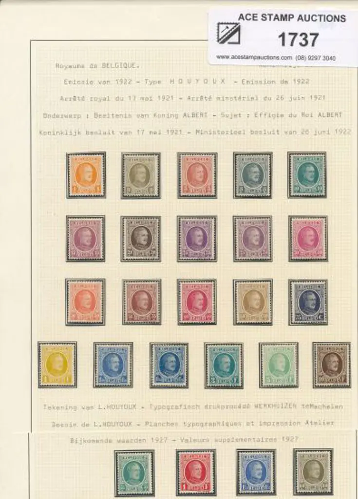 Belgium 1922 King Albert defins set of 25 to 10f. ... Image 1++