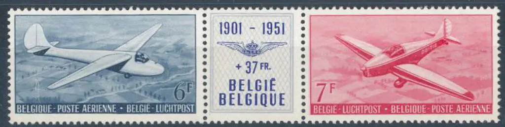 Belgium 1951 Airmail Aeroclub se-tenant gutter ... Image 1++