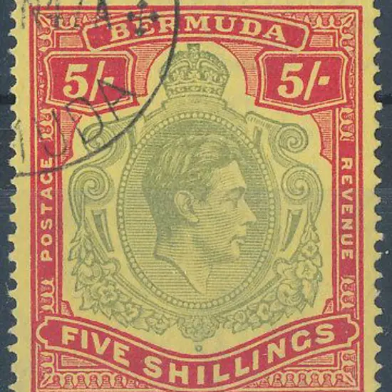 Bermuda 1939 5/- pale green & red/yellow. F/U SG ...