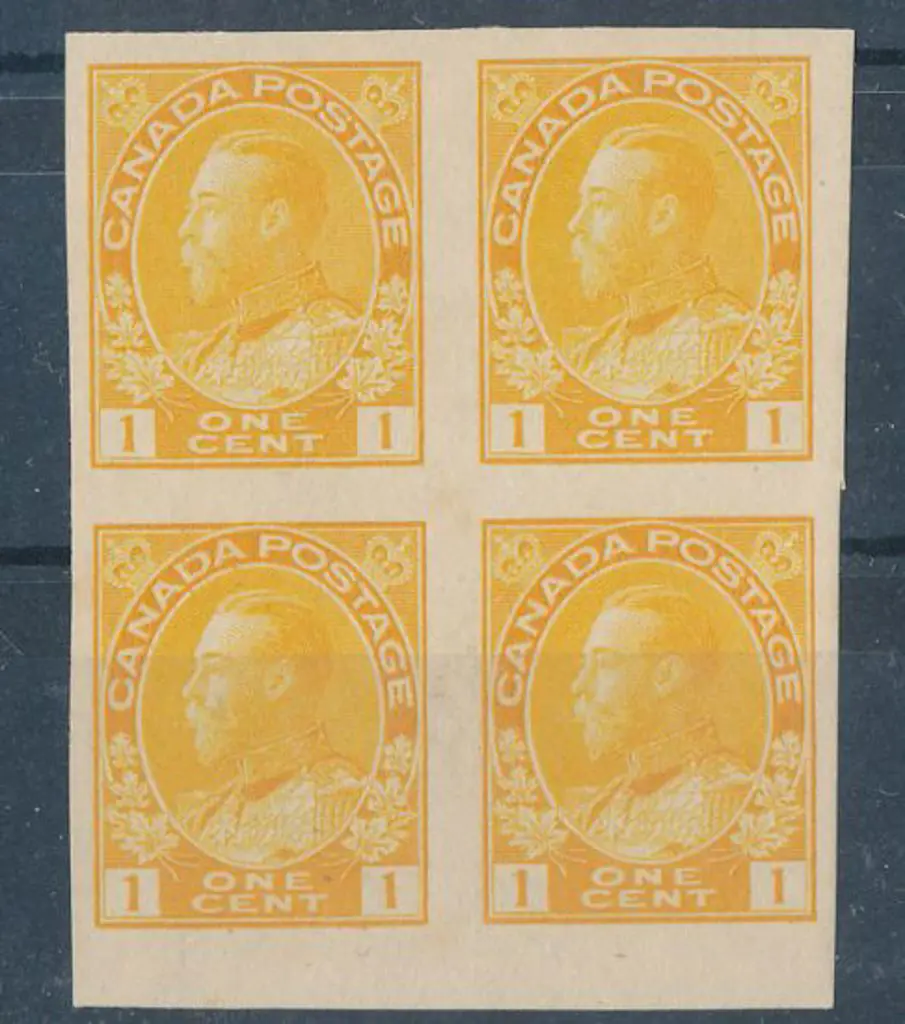 Canada 1922/31 1¢ yellow KGV imperf block of 4. ... Image 1++