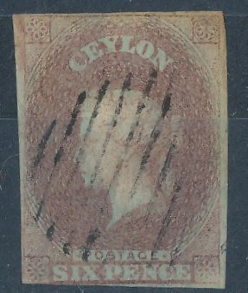 Ceylon 1857 6d purple brown on blued paper. F/U ... Image 1++