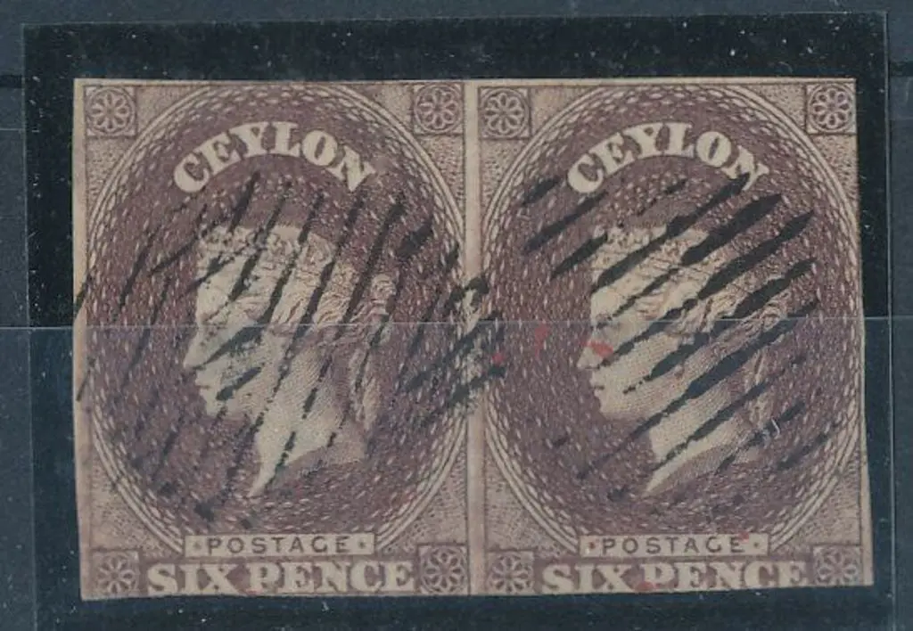 Ceylon 1859 6d purple brown pair. Light cancelled ... Image 1++