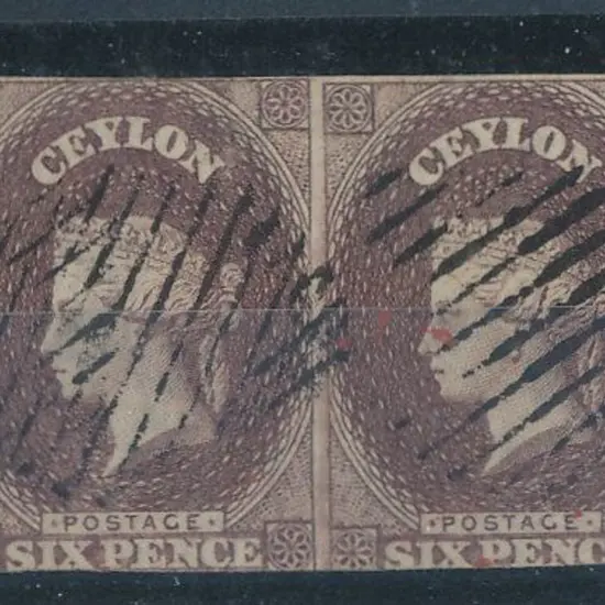 Ceylon 1859 6d purple brown pair. Light cancelled ...