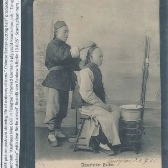China 1905 Postcard in b&w of "Chinese Barber" ...