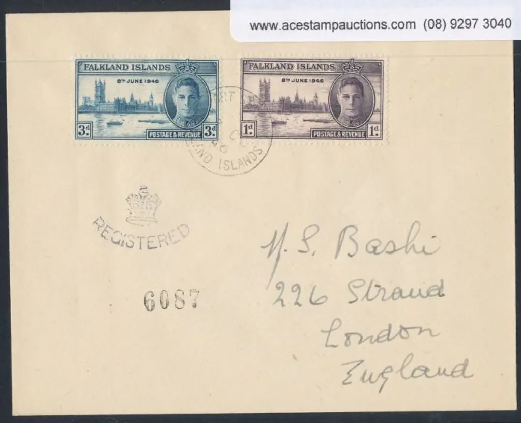 Falkland Islands 1946 Victory pair on Registered ... Image 1++