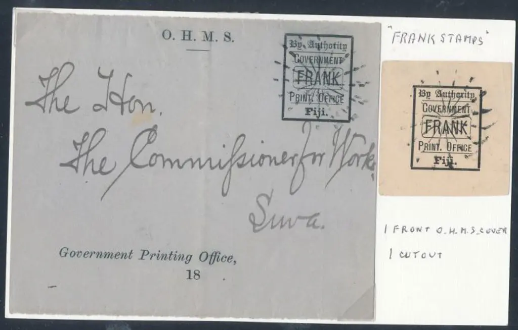 Fiji Govt Frank stamps, one on piece & the other ... Image 1++