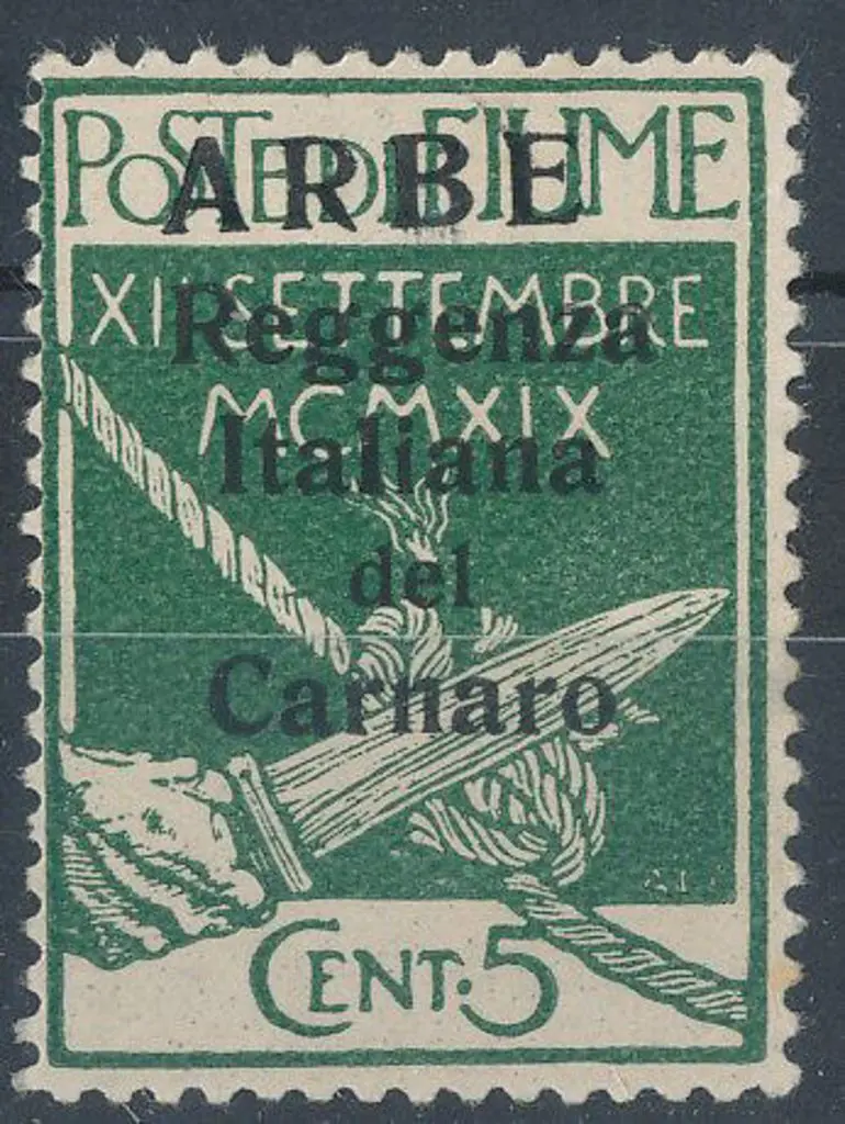 Fiume "ARBE" large letters ovpt on 5¢ green. Thin ... Image 1++