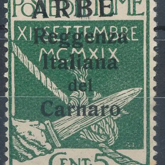 Fiume "ARBE" large letters ovpt on 5¢ green. Thin ...