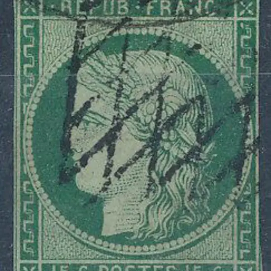 France 1849 15¢ green on bluish green with close ...