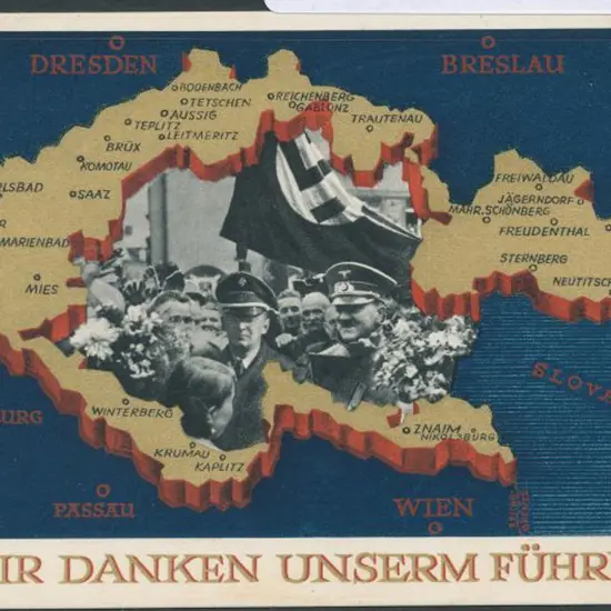 Germany 1938 Hitler in crowd with swastika flag on ...