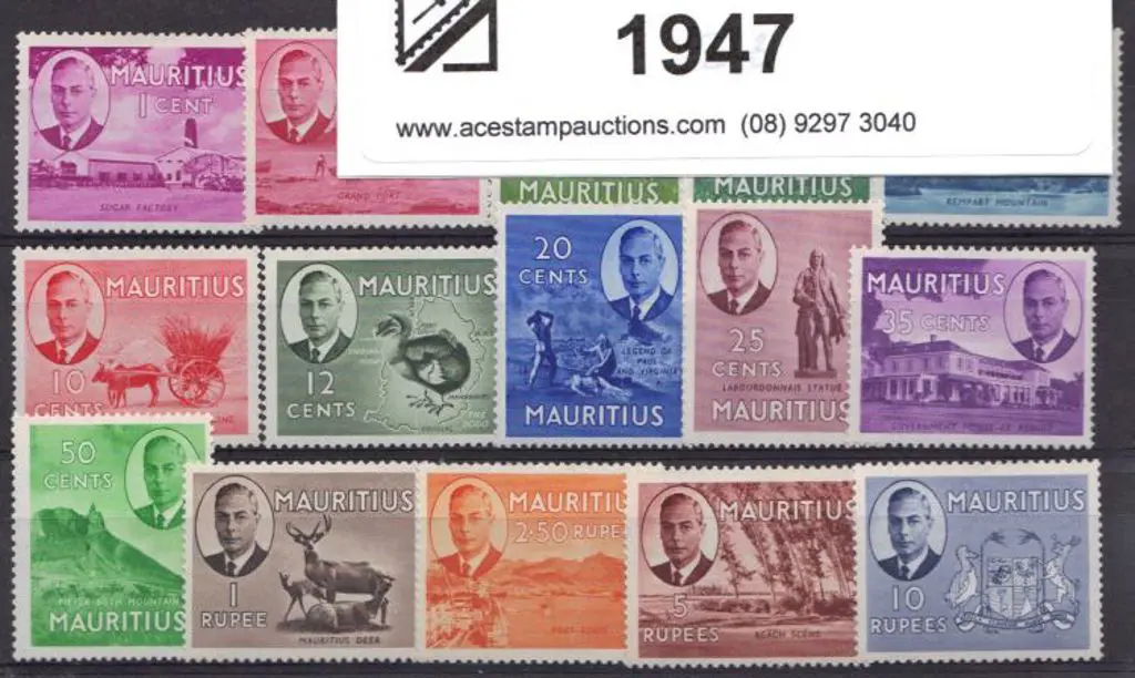 Mauritius 1950 1c - 10r. KGVI defins. Set of 15. ... Image 1++