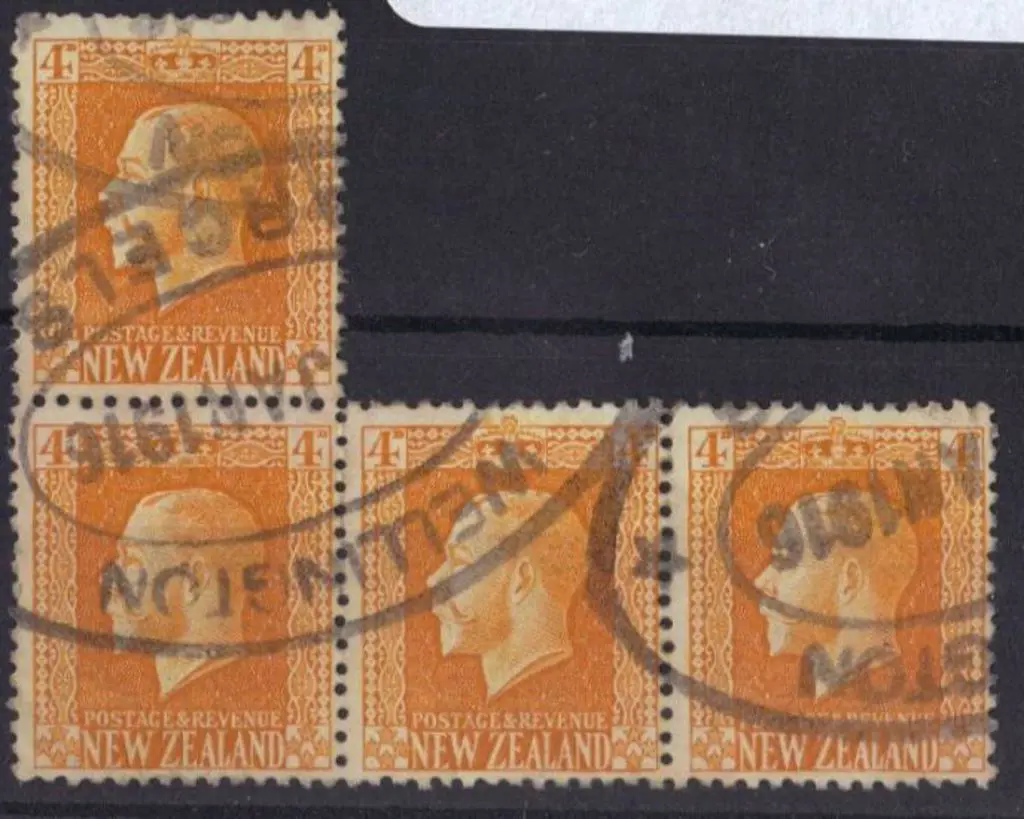 New Zealand 1915 4d yellow KEVII x 4 used with ... Image 1++
