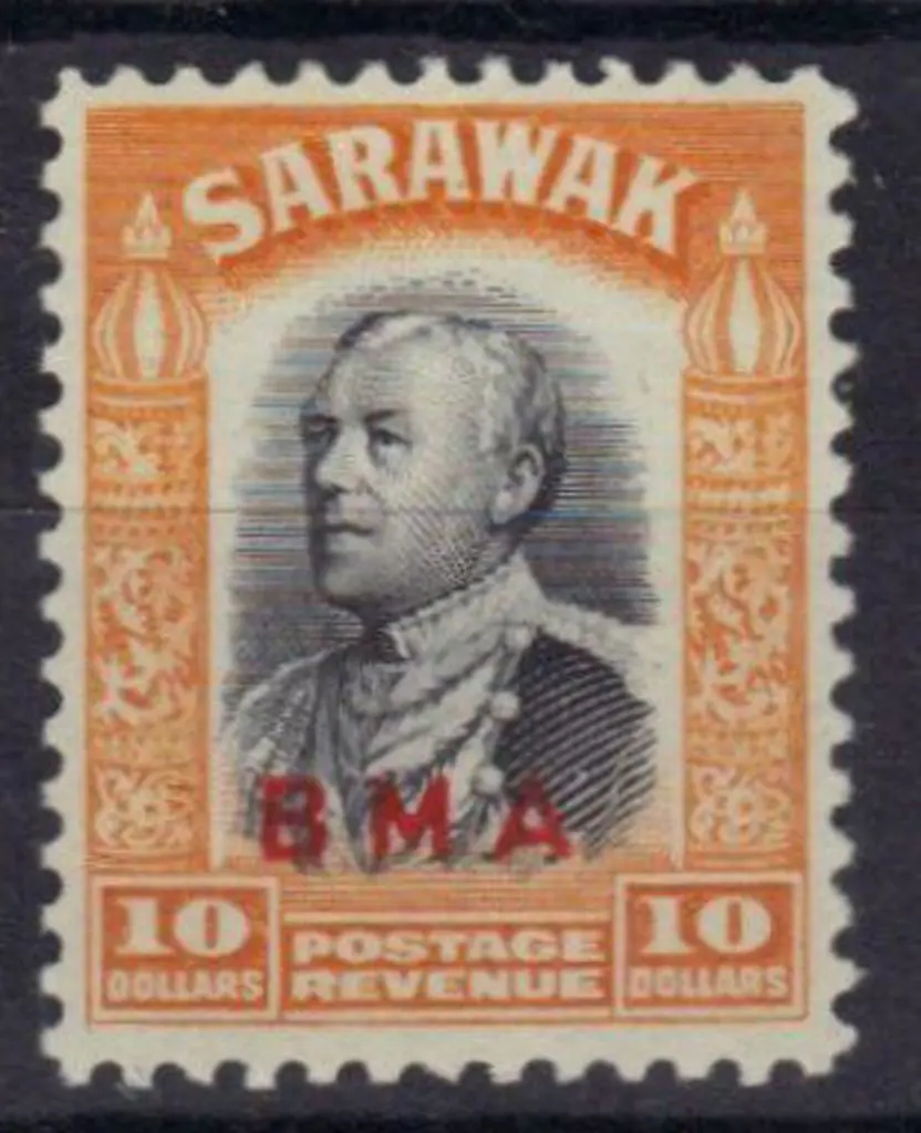 Sarawak 1945 $10 black & yellow with BMA ... Image 1++