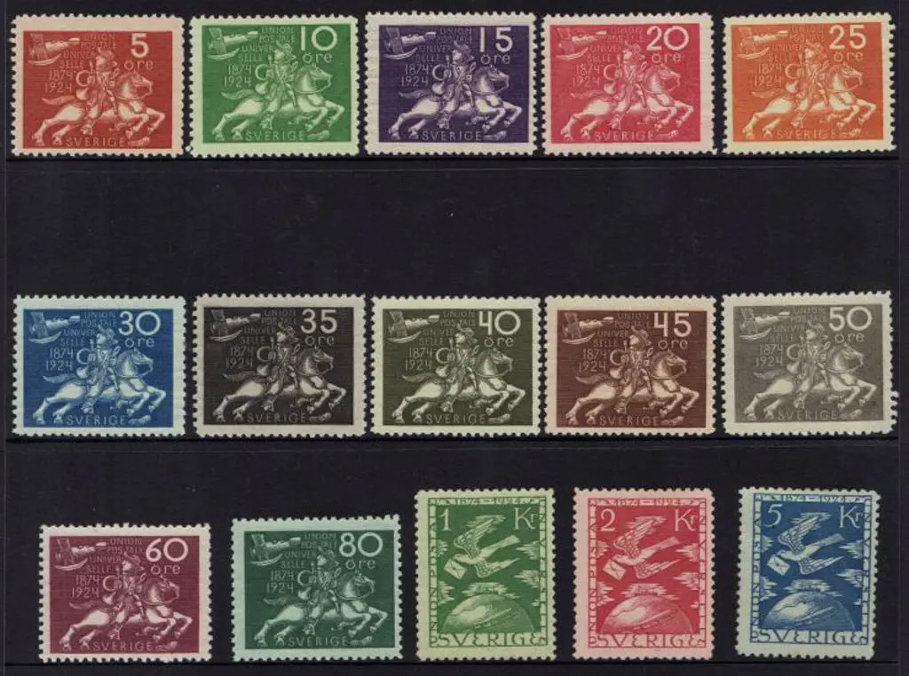 Sweden 1924 50th Anniv of UPU to 5k Bird MLH. SG ... Image 1++