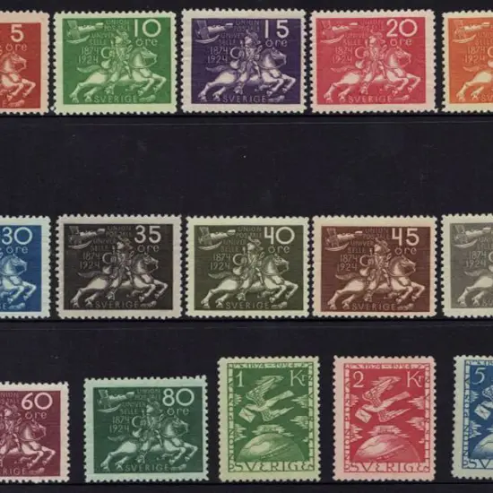 Sweden 1924 50th Anniv of UPU to 5k Bird MLH. SG ...