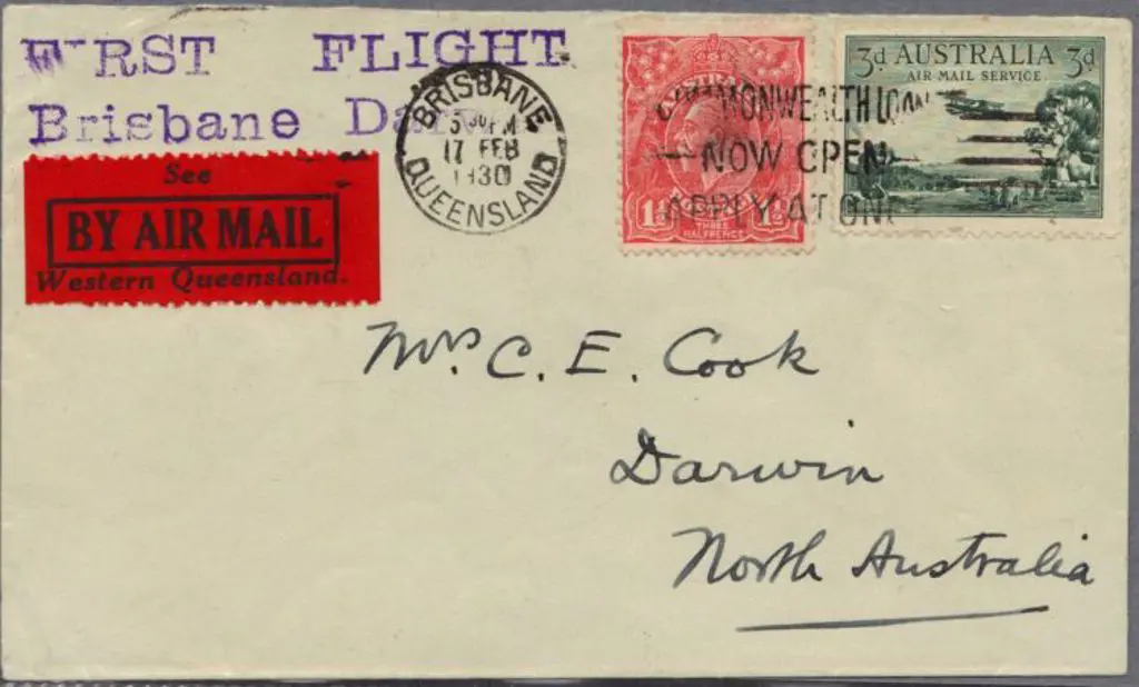 1930 (19th Feb) Brisbane to Darwin cover with 1½d ... Image 1++