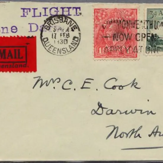 1930 (19th Feb) Brisbane to Darwin cover with 1½d ...