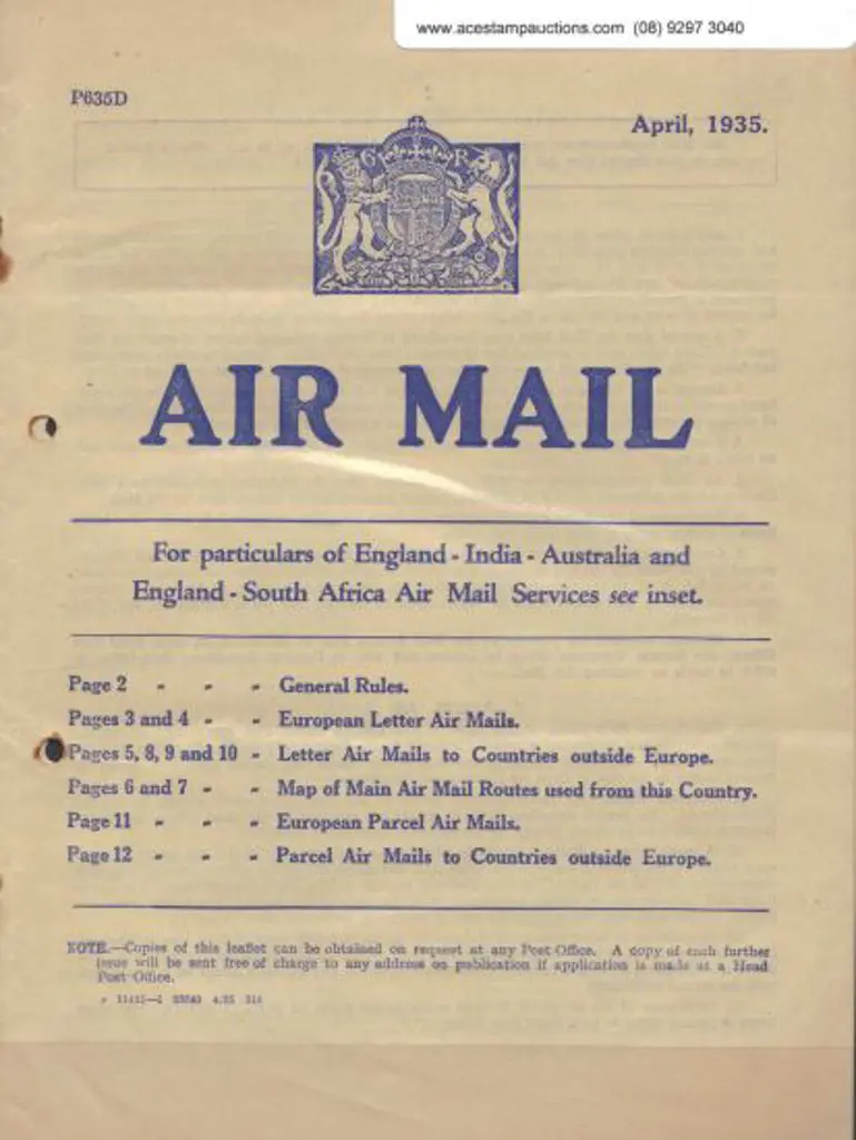 1935 (April) Airmail Postage Rates booklet (P635D) ... Image 1++
