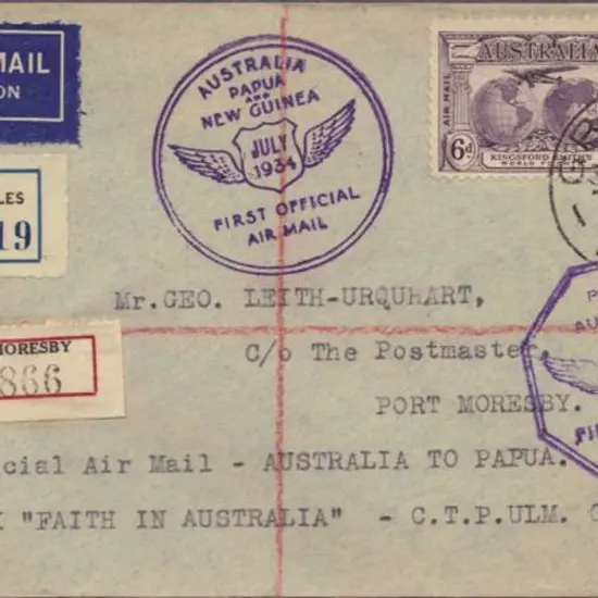 1934 (July) Aust to Papua Registered flight cover ...