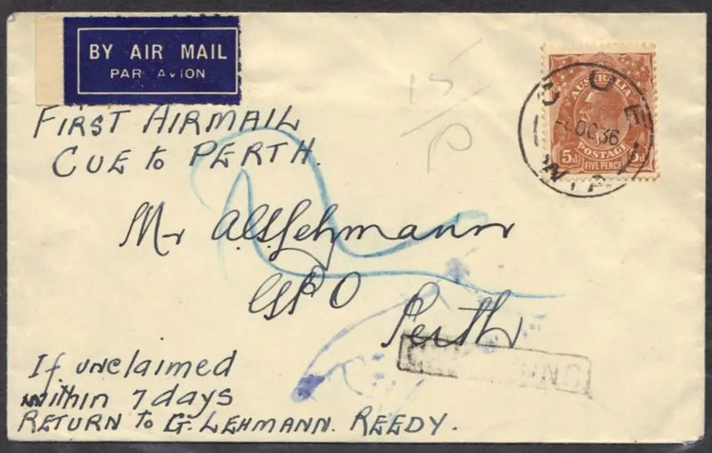 1936 (6th Oct) Cue To Perth bearing 5d KGV ... Image 1++