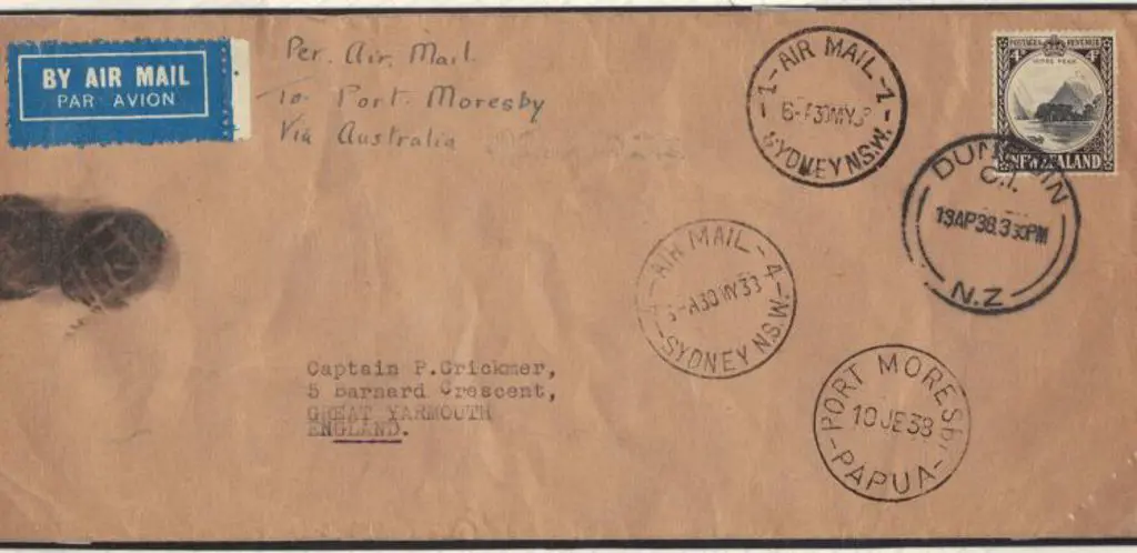 1938 NZ Airmail cover via Australia to Port ... Image 1++
