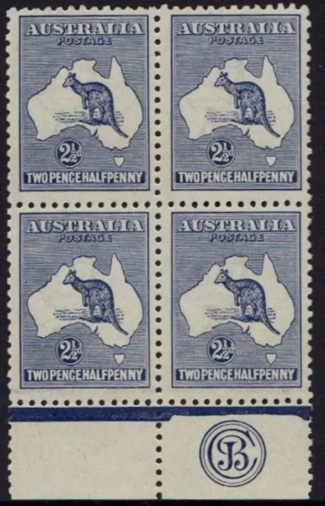 2½d blue JBC Monogram block of 4 Plate 1. MUH but ... Image 1++