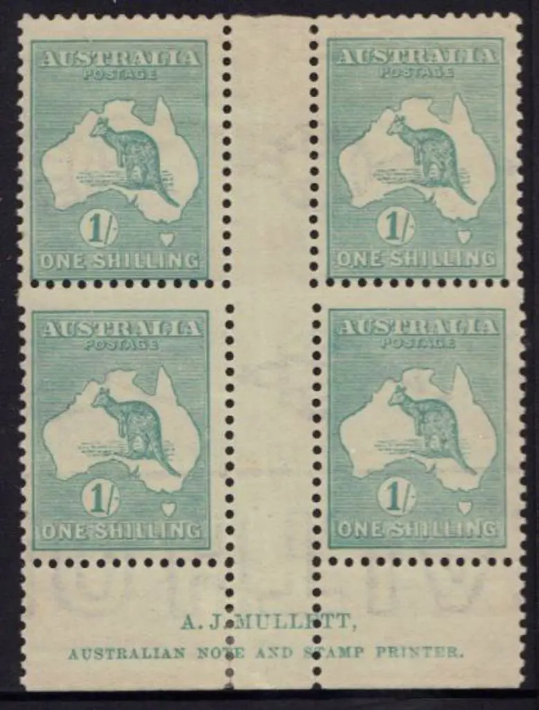 1/- blue green AJ Mullett imprint block of 4 with ... Image 1++